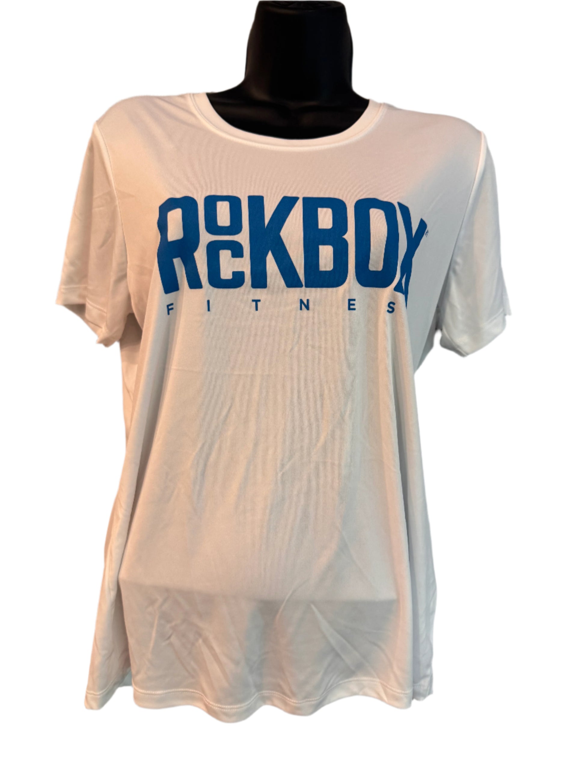 White t-shirt with blue text on a gray surface