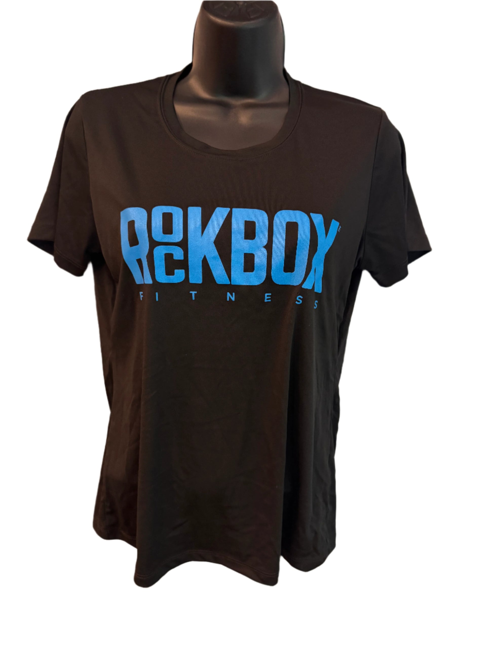Black t-shirt with blue 'Rockboy' logo on a beige surface