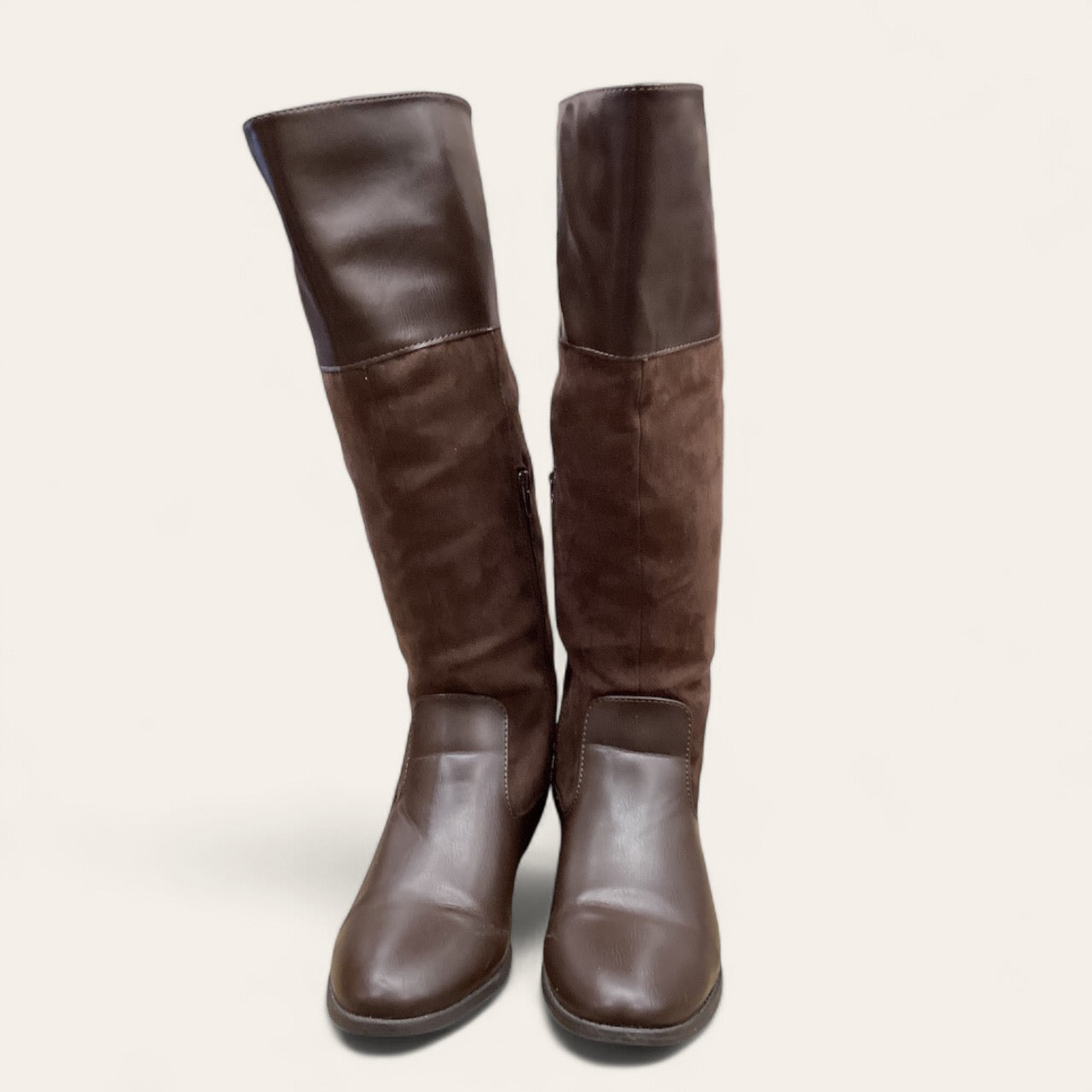 Boots Mid-calf Heels In Brown, Size: 10