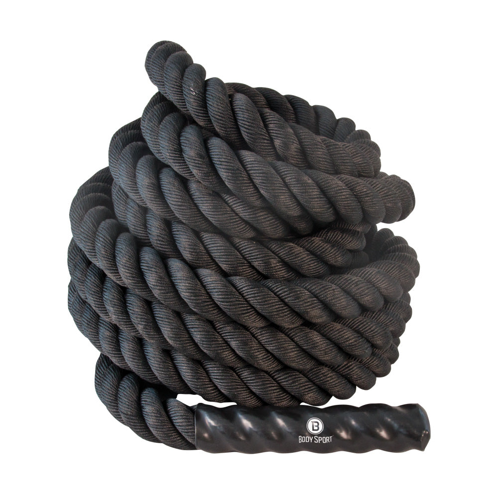 TRAINING (BATTLE) ROPE, 30' LONG, 2" DIAMETER, BLACK POLYPROPYLENE ROPE WITH BLACK HANDLE - Used
