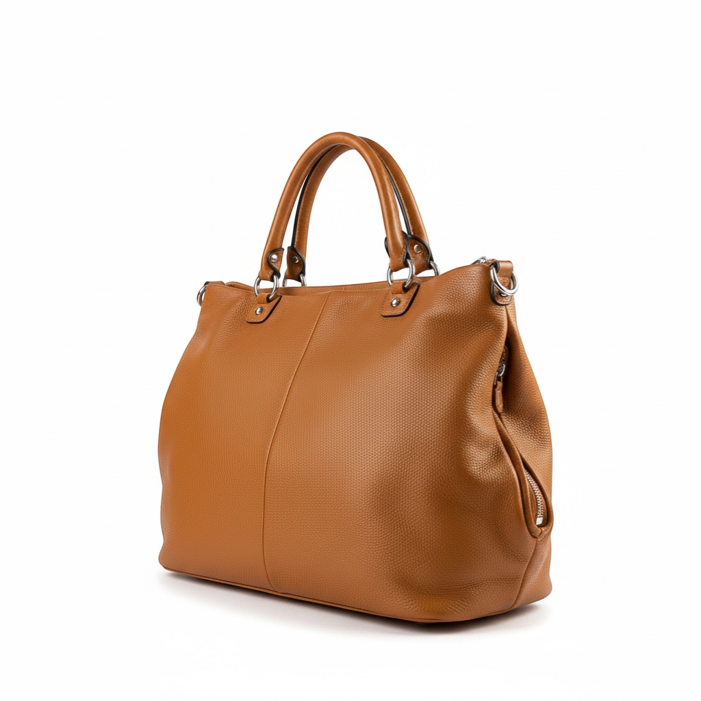 The Xchange brown pebbled leather tote bag with double handles and silver hardware.