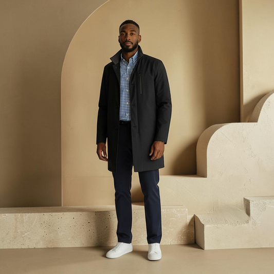 The Xchange model wearing a deep blue John W. Nordstrom Preston raincoat over a blue gingham shirt and navy trousers.