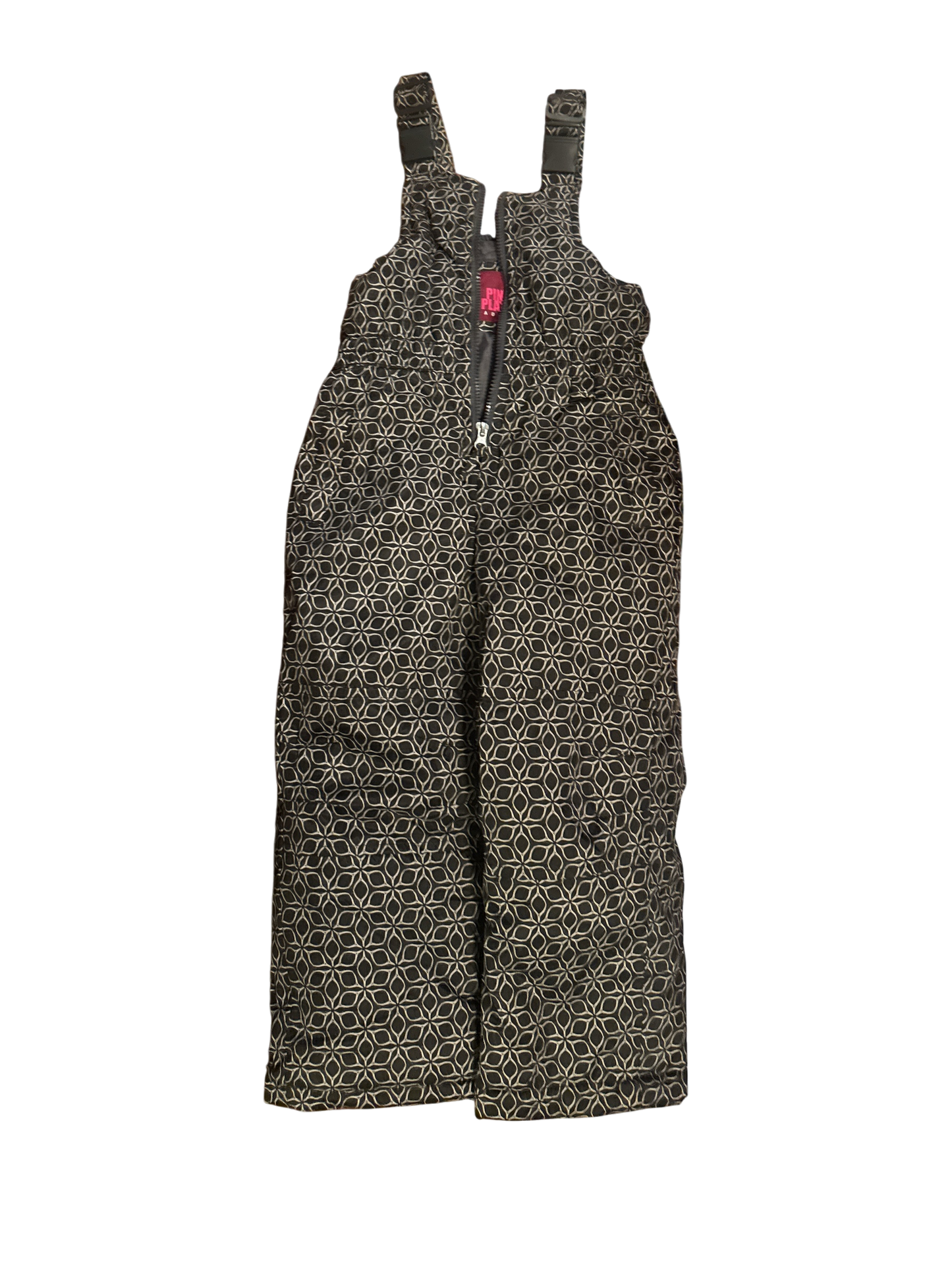 The Xchange girls' black snow bib overalls with a geometric pattern and adjustable straps. Size 4T.