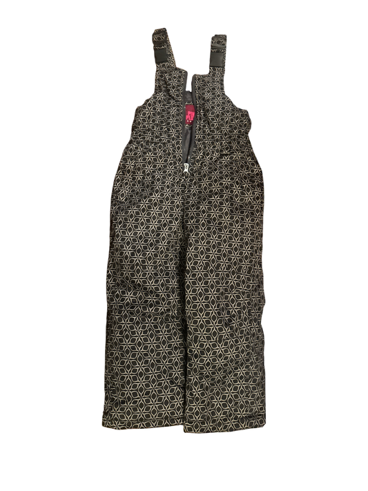 The Xchange girls' black snow bib overalls with a geometric pattern and adjustable straps. Size 4T.