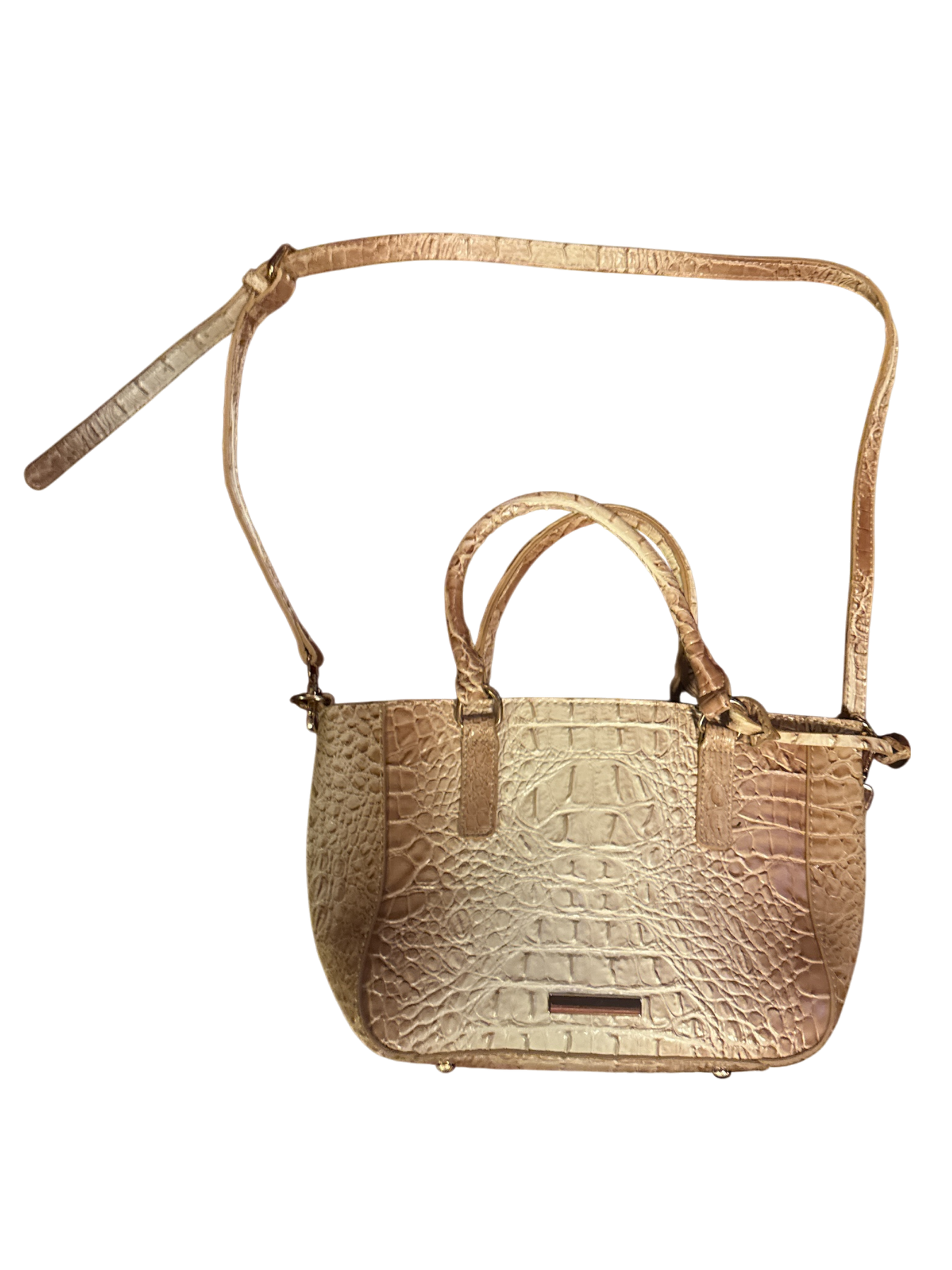 The Xchange medium tan crocodile-textured handbag with top handles and a detachable shoulder strap.