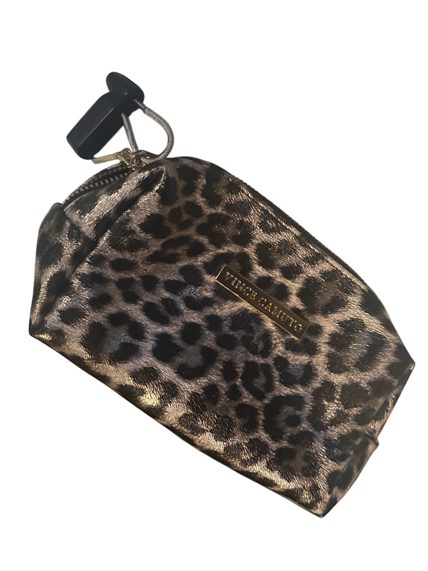 The Xchange Vince Camuto small leopard print makeup bag with gold zipper and metal logo.