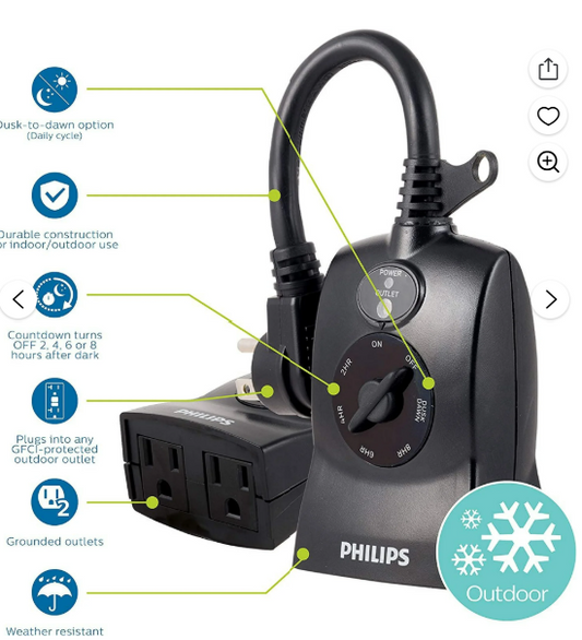 Philips Outdoor Light-Sensing Plug-in Countdown Timer - New
