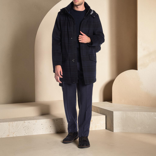Men's Plaid Wool Blend Hooded Parka Coat