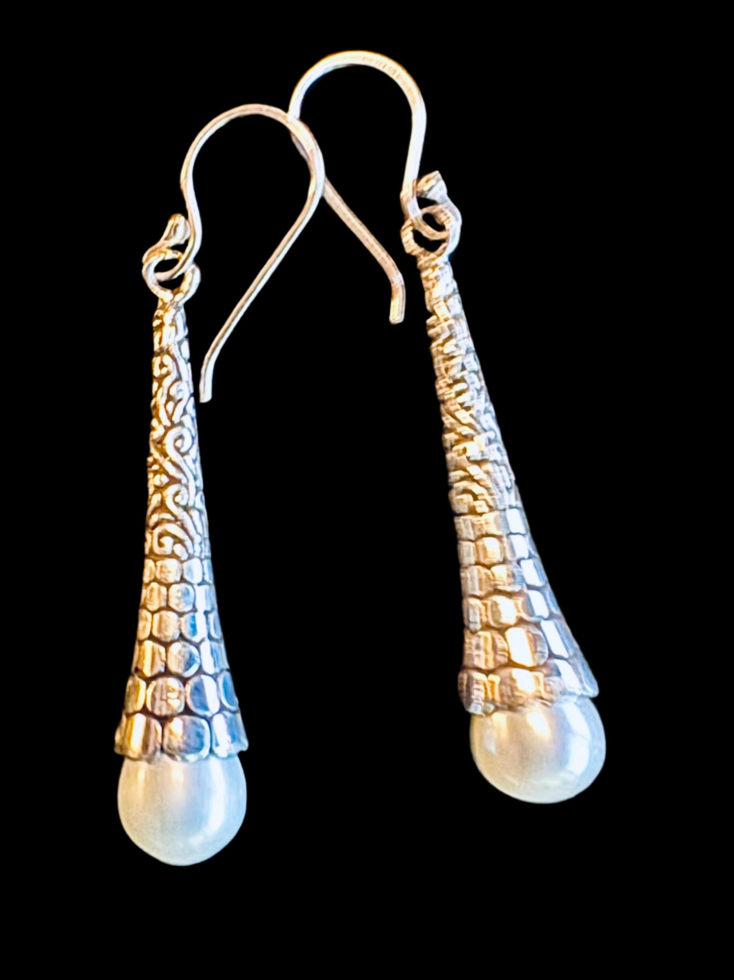 Cultured Pearl & Sterling Silver Pebble Bali Cone Drop Earrings