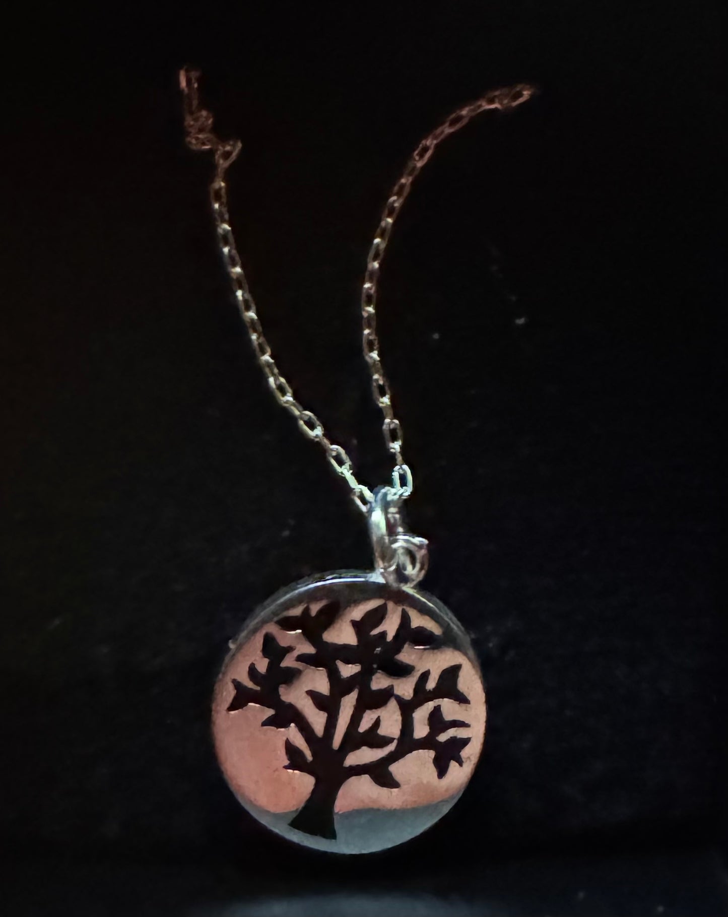Black & Sterling Silver Tree of Life Circle Pendant Necklace