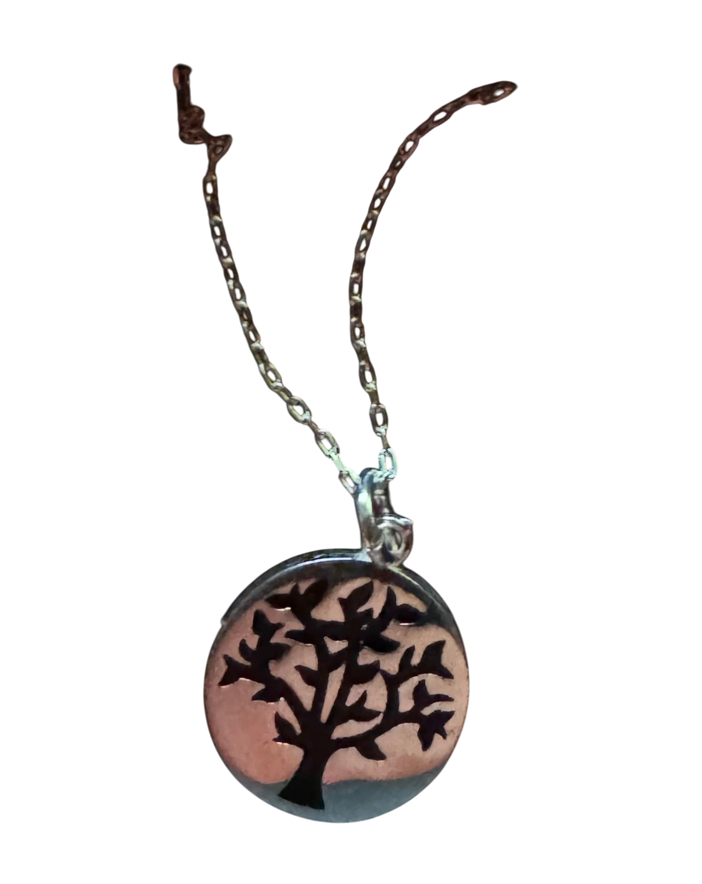 Black & Sterling Silver Tree of Life Circle Pendant Necklace