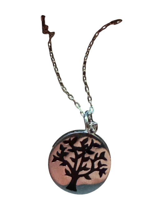 Black & Sterling Silver Tree of Life Circle Pendant Necklace
