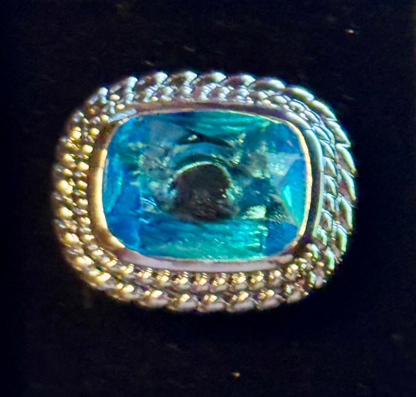 Blue Crystal & Silvertone Cushion-Cut Ring