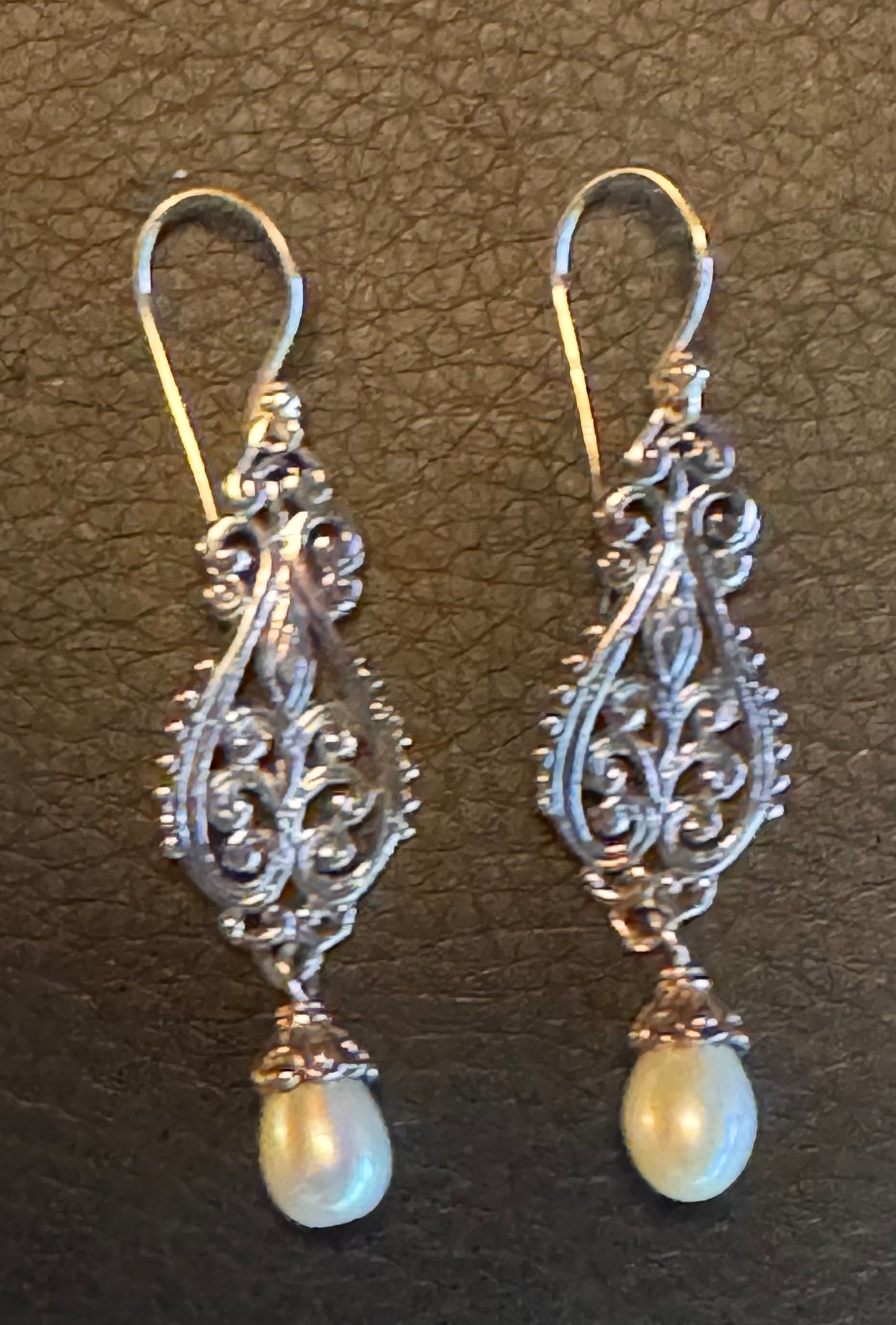 Cultured Pearl & Sterling Silver Ornate Drop Earrings