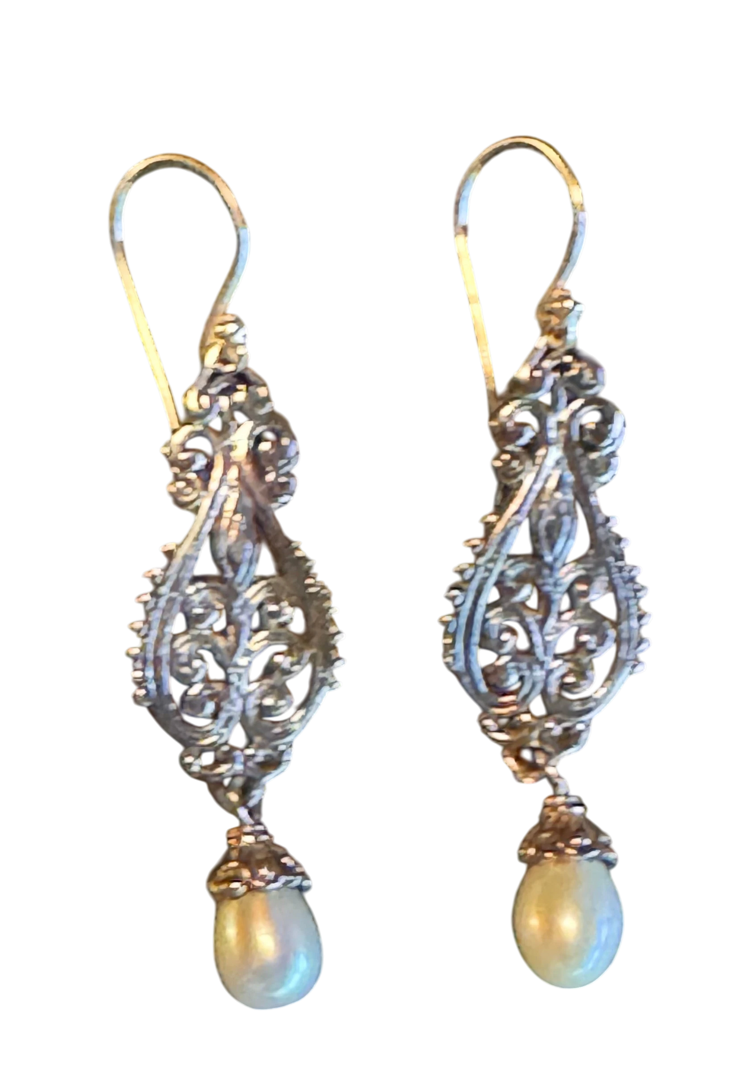 Cultured Pearl & Sterling Silver Ornate Drop Earrings