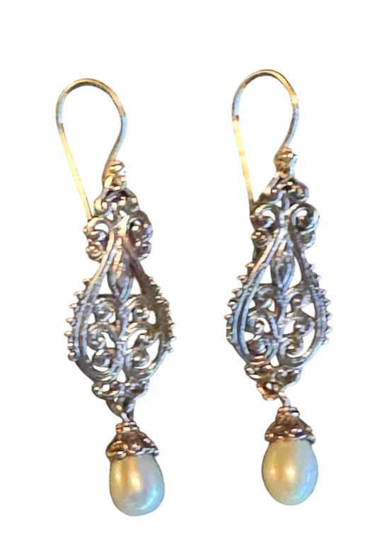 Cultured Pearl & Sterling Silver Ornate Drop Earrings