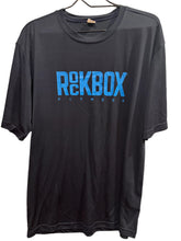 Load image into Gallery viewer, Black sleeveless shirt with blue &#39;ROCKBOX FITNESS&#39; text on a beige surface
