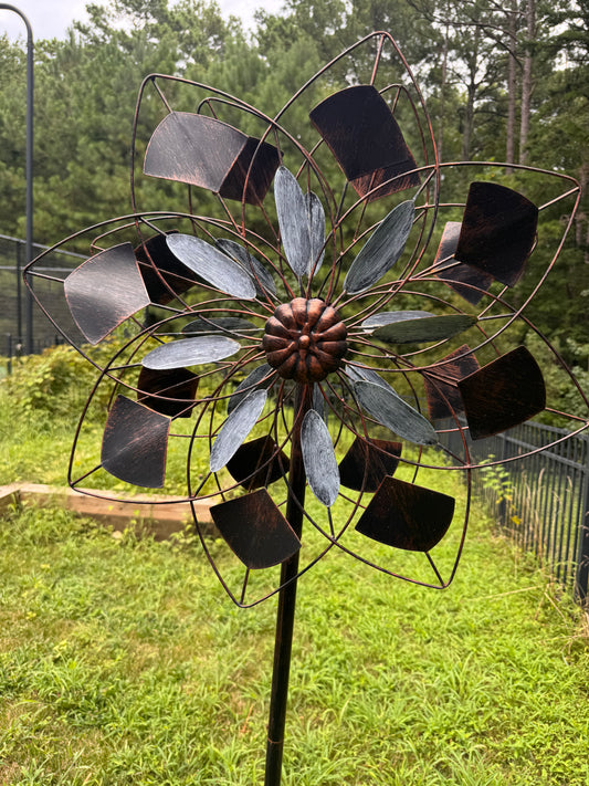 Goldtone & Teal Verdigris Petals Wind Spinner - New