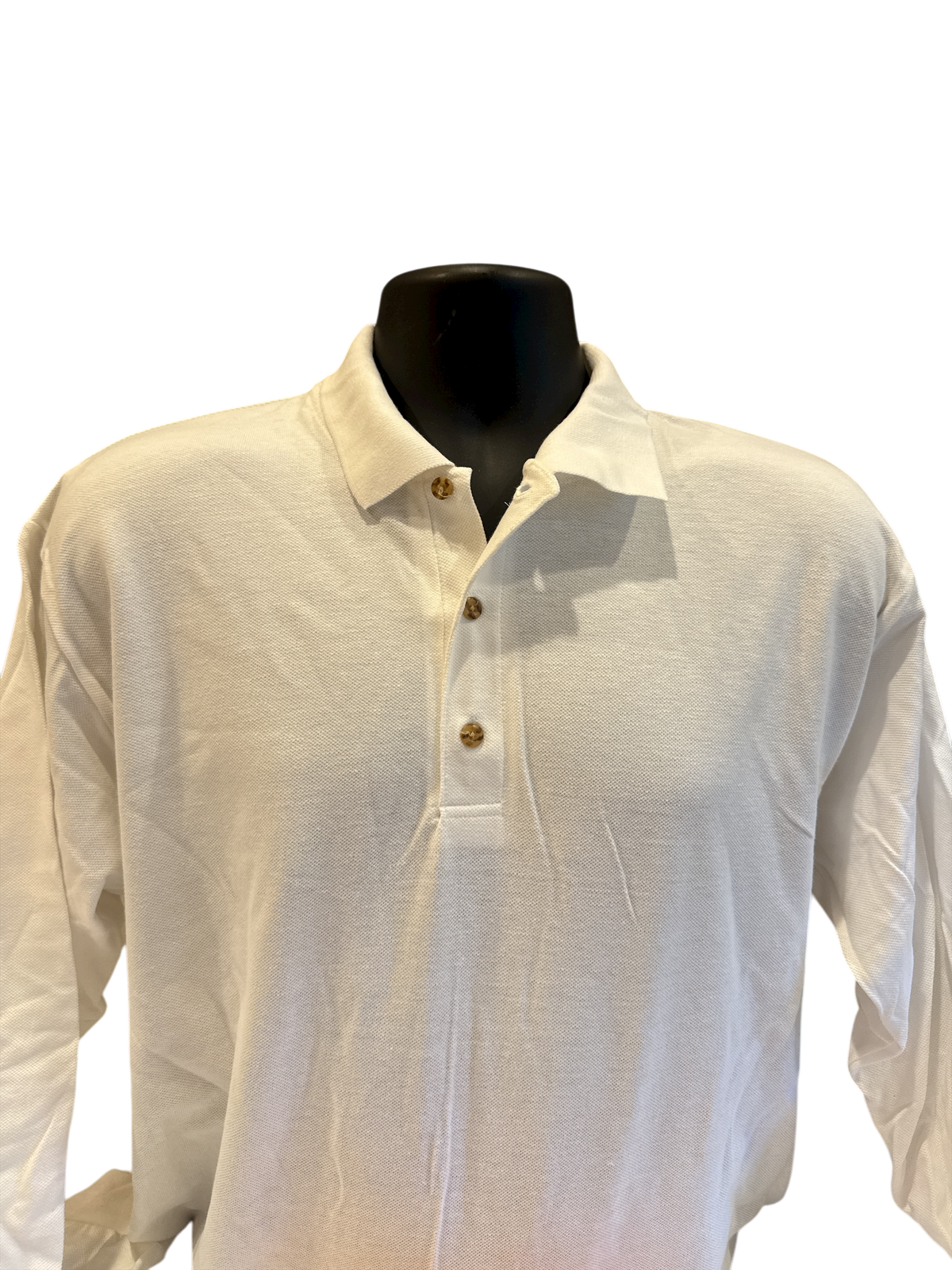 The Xchange Gildan white long sleeve pique polo shirt with a classic collar and three-button placket on a mannequin.