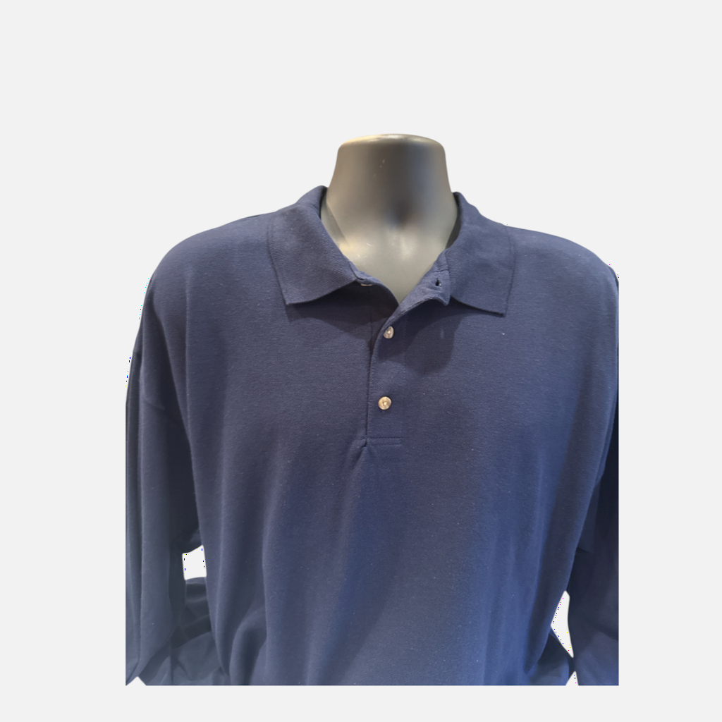 The Xchange Gildan navy blue long sleeve pique polo shirt on a mannequin