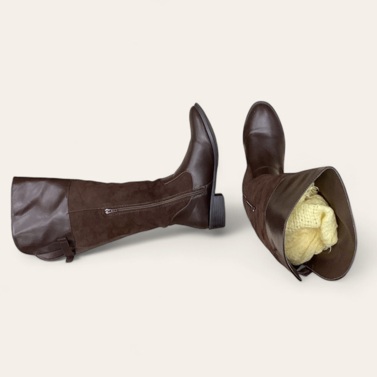 Boots Mid-calf Heels In Brown, Size: 10