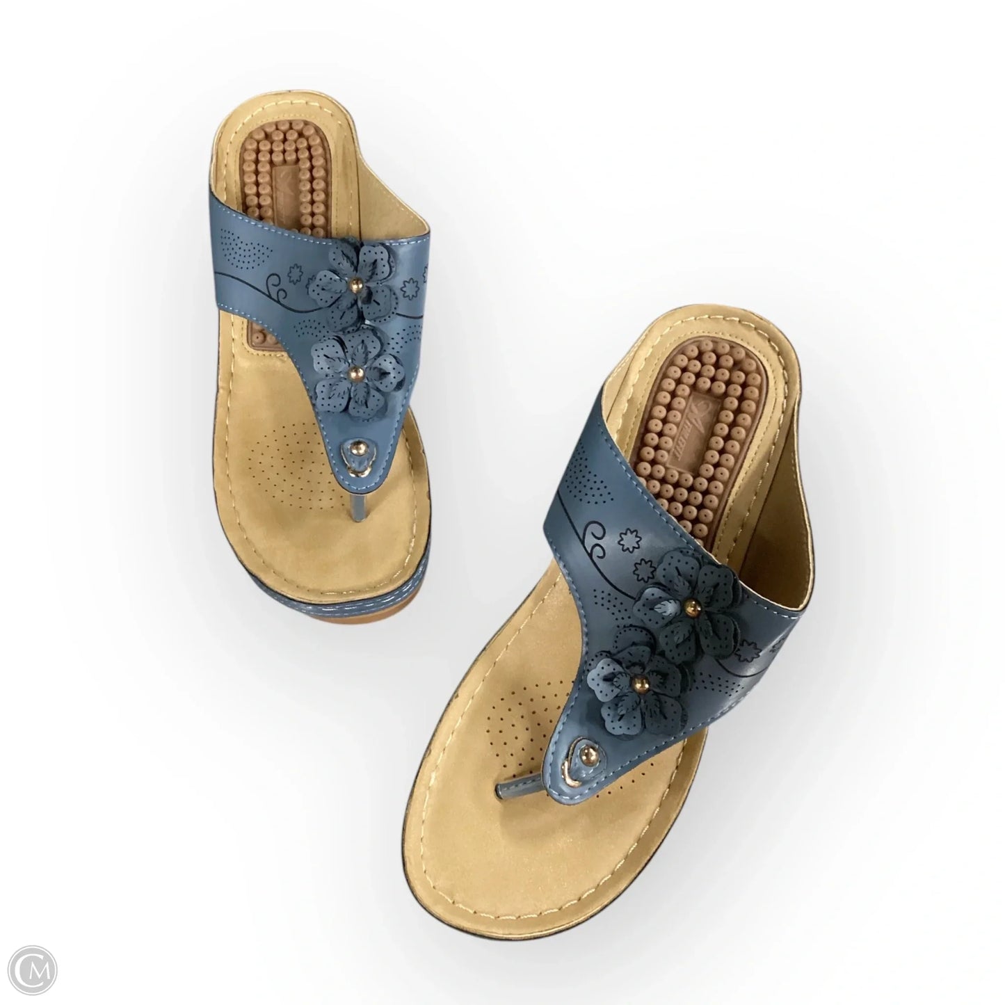 Sandals Heels Wedge  In Blue & Tan, Size: 8