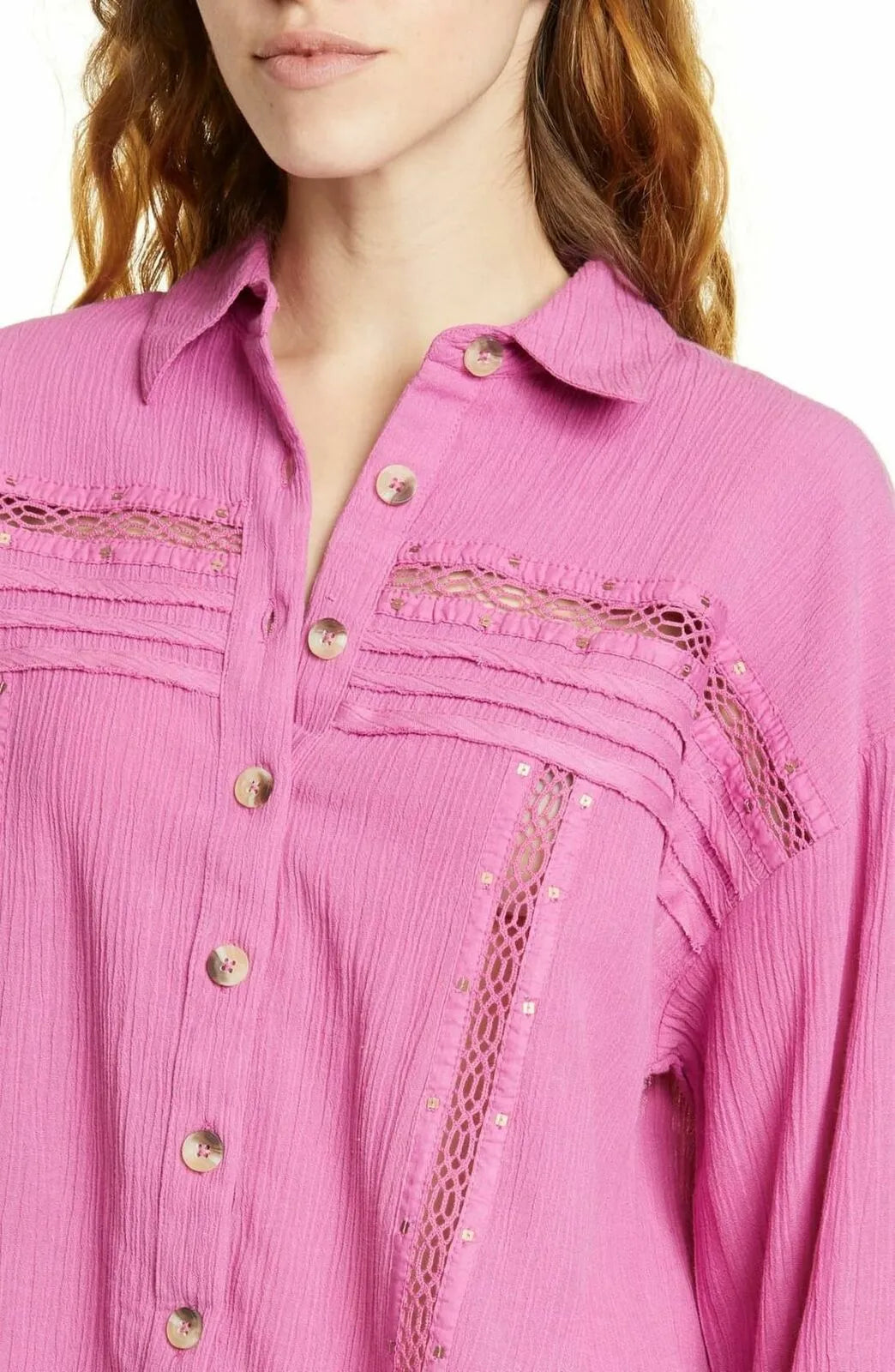 Free People Women's Summer Stars Crochet Trim Boho Button-Down Top -Med -New