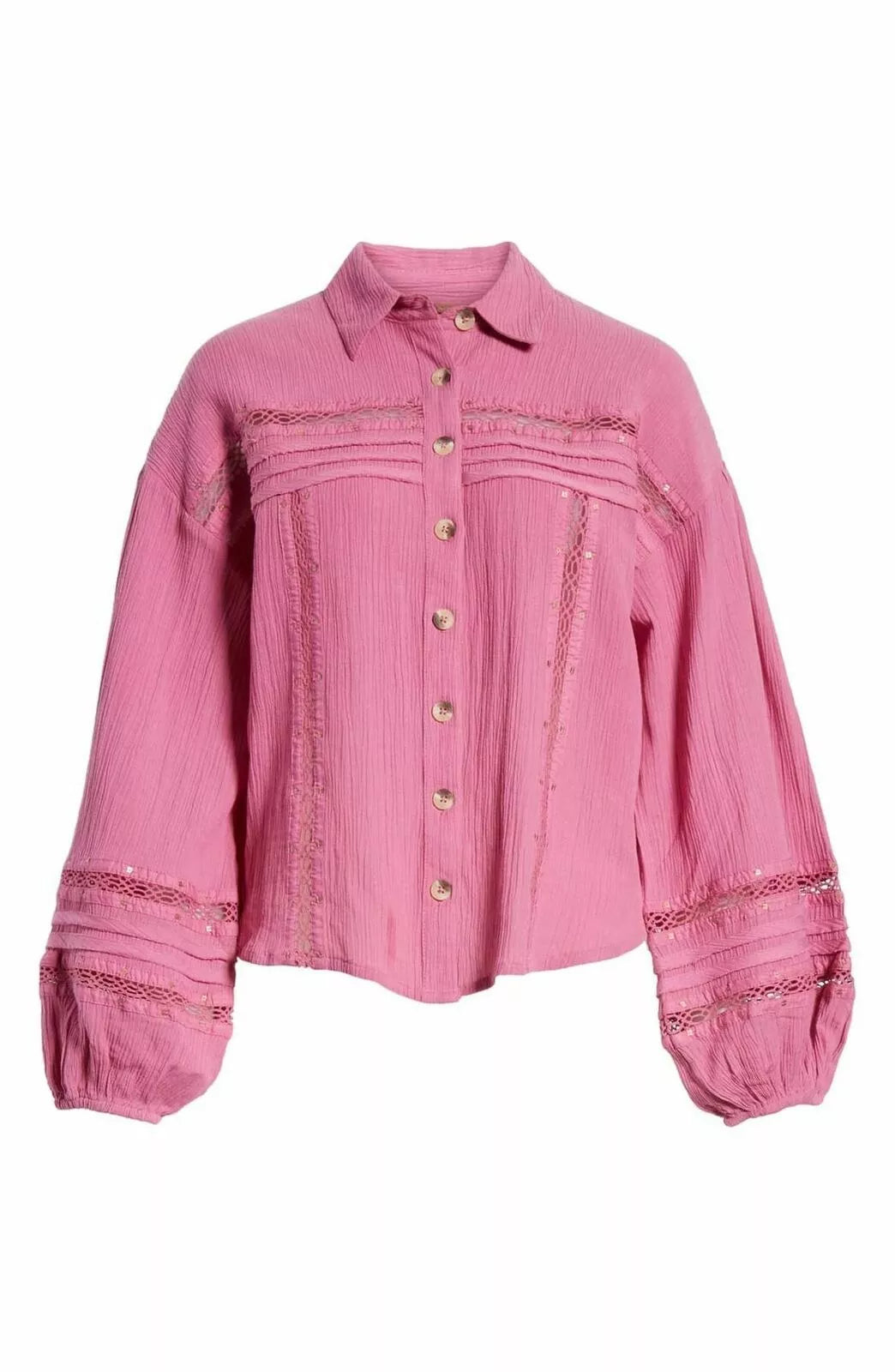 Free People Women's Summer Stars Crochet Trim Boho Button-Down Top -Med -New
