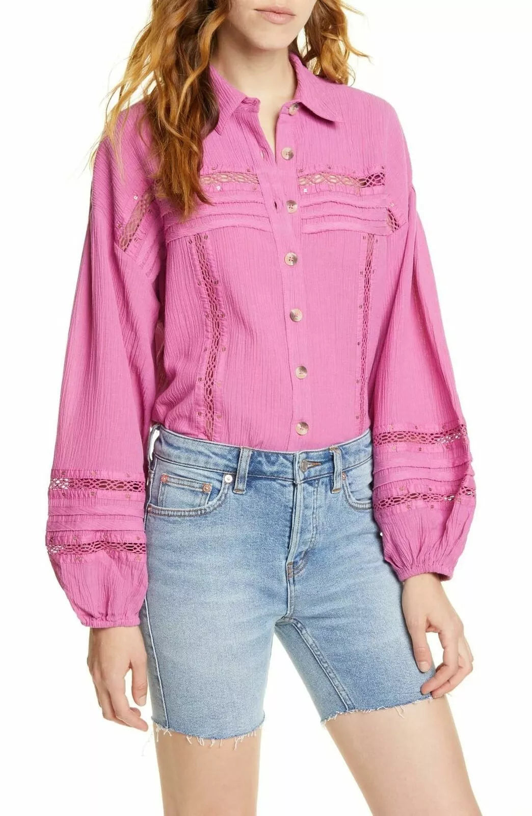 Free People Women's Summer Stars Crochet Trim Boho Button-Down Top -Med -New