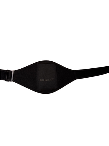 Black waist bag on a beige textured surface