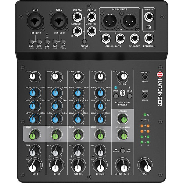 Harbinger LV8 8-Channel Analog Mixer With Bluetooth-  Refurbished