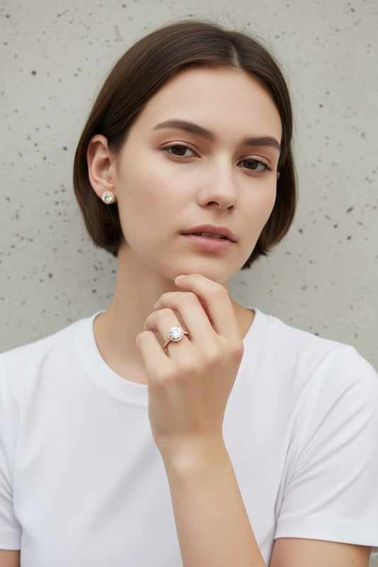 Cubic Zirconia & Rose Gold-Plated Stud Earrings & Ring Size 5