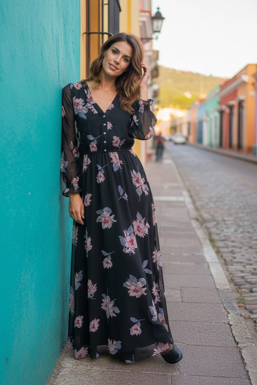 Dress Casual Maxi  In Floral Print, Size:Sp