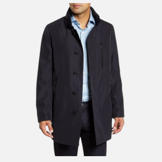 The Xchange navy blue men's rain jacket with a stand collar, button-front closure, and zippered chest pocket.