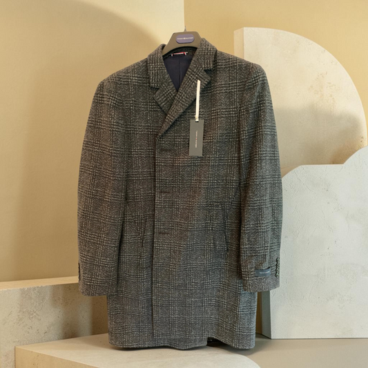 Tommy Hilfiger Addison Notch Lapel Wool Blend Coat in navy plaid, displayed on a hanger with a notch lapel design visible.