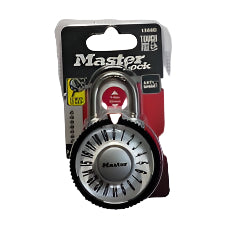 The image shows a blue and silver Master lock brand combination lock, model 1588D, in its packaging. The lock has magnified numbers on the dial for the combination.