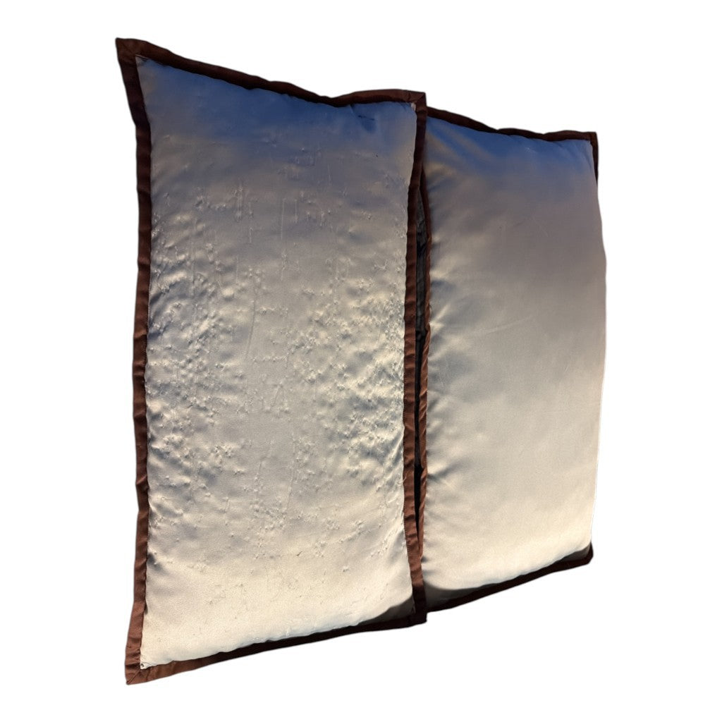 The Xchange set of two rectangular cream throw pillows with textured fabric and dark brown piped edges.