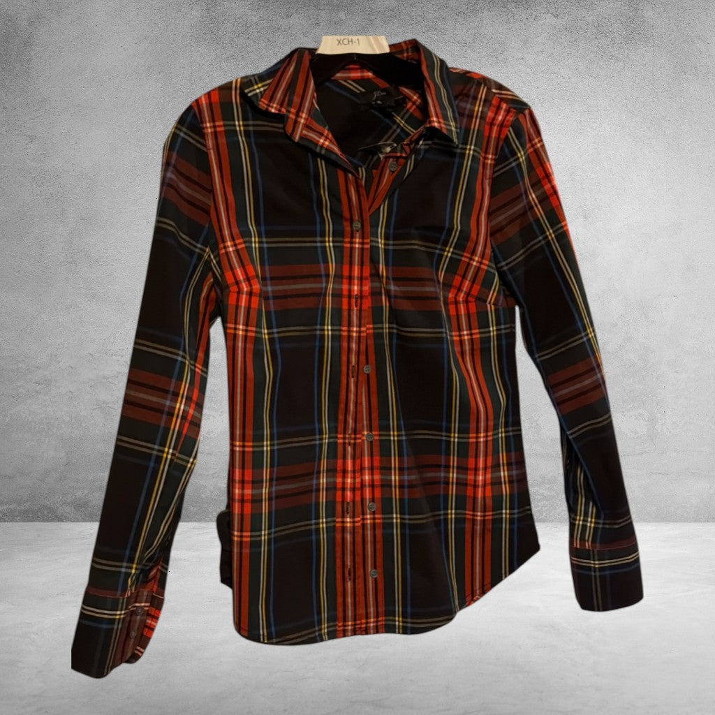 The Xchange J.Crew long sleeve button-down shirt in a black, red, and blue plaid tartan pattern with a classic collar.
