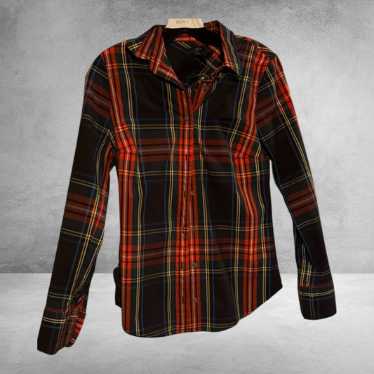 The Xchange J.Crew long sleeve button-down shirt in a black, red, and blue plaid tartan pattern with a classic collar.