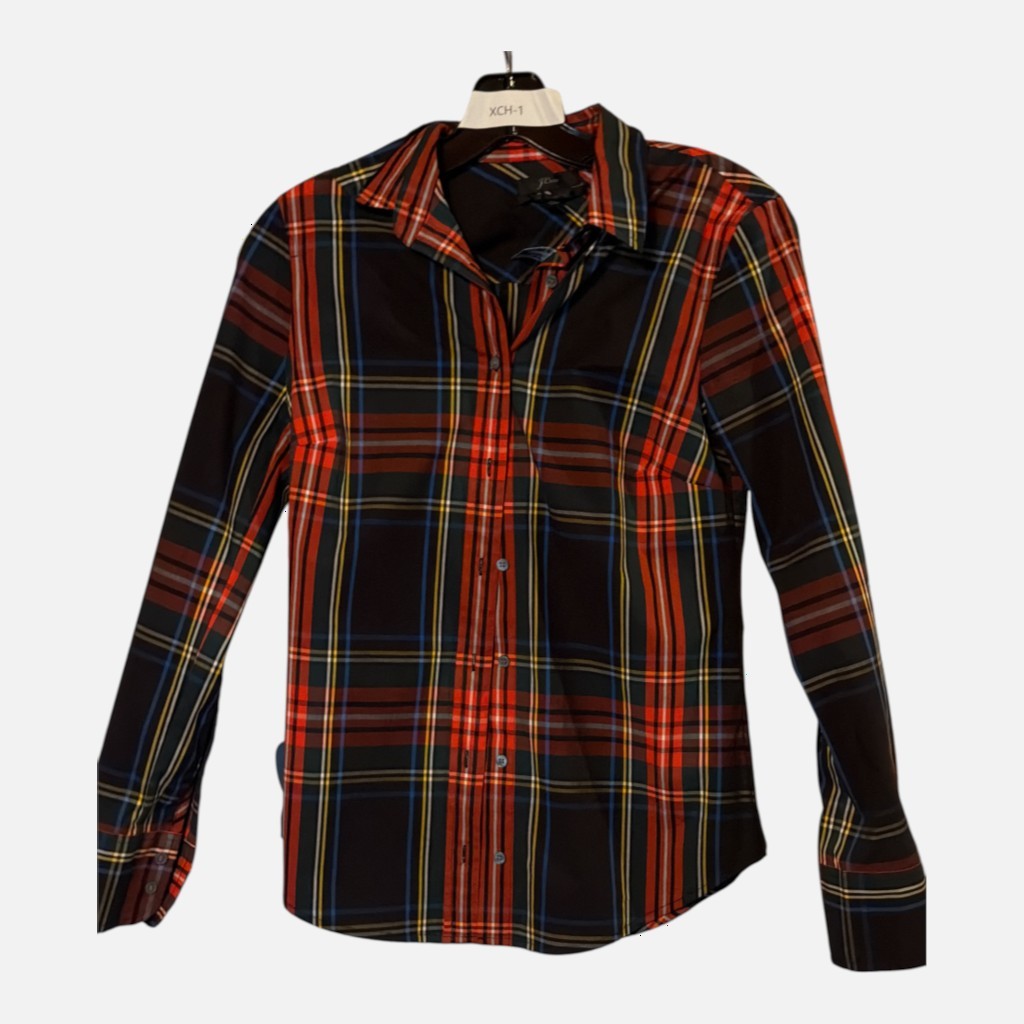 The Xchange J.Crew long sleeve button-down shirt in a black, red, yellow, and blue plaid tartan pattern.