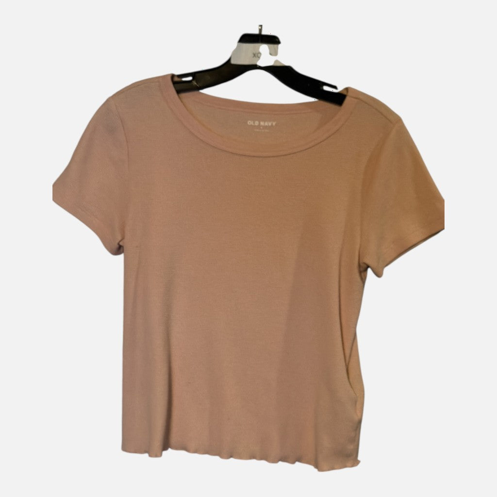 The Xchange Old Navy peach ribbed crew neck t-shirt with short sleeves and a lettuce-edge hem on a hanger