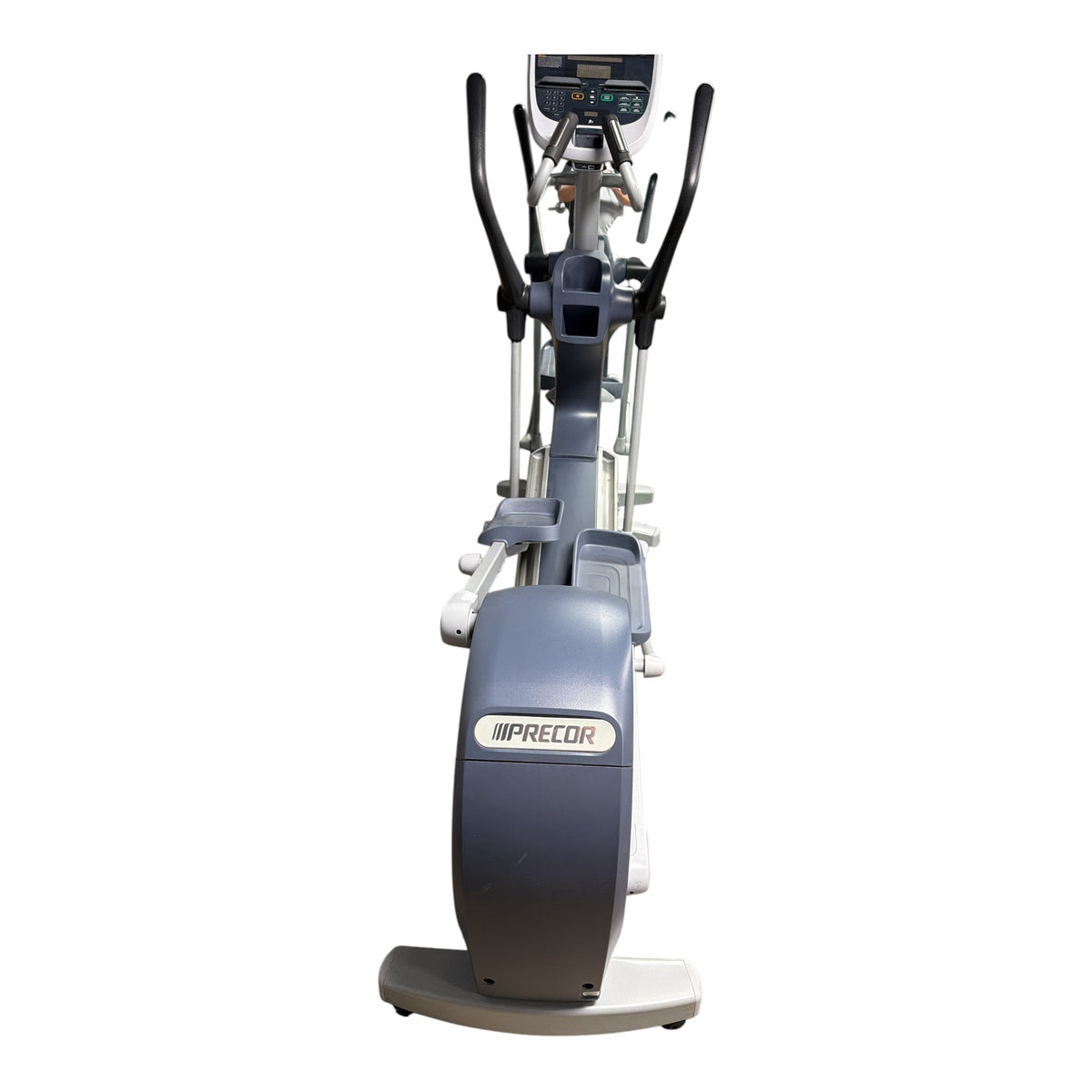The Xchange Precor commercial elliptical trainer in grey with ergonomic handles and an intuitive workout console.