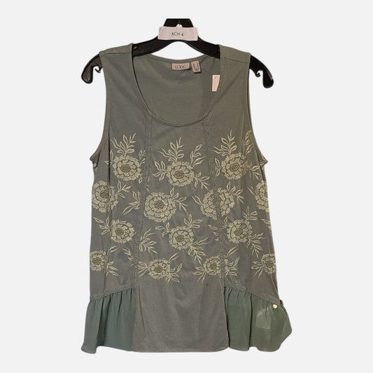 The Xchange sage green sleeveless tank top with cream floral embroidery, scoop neck, and sheer ruffled peplum hem.