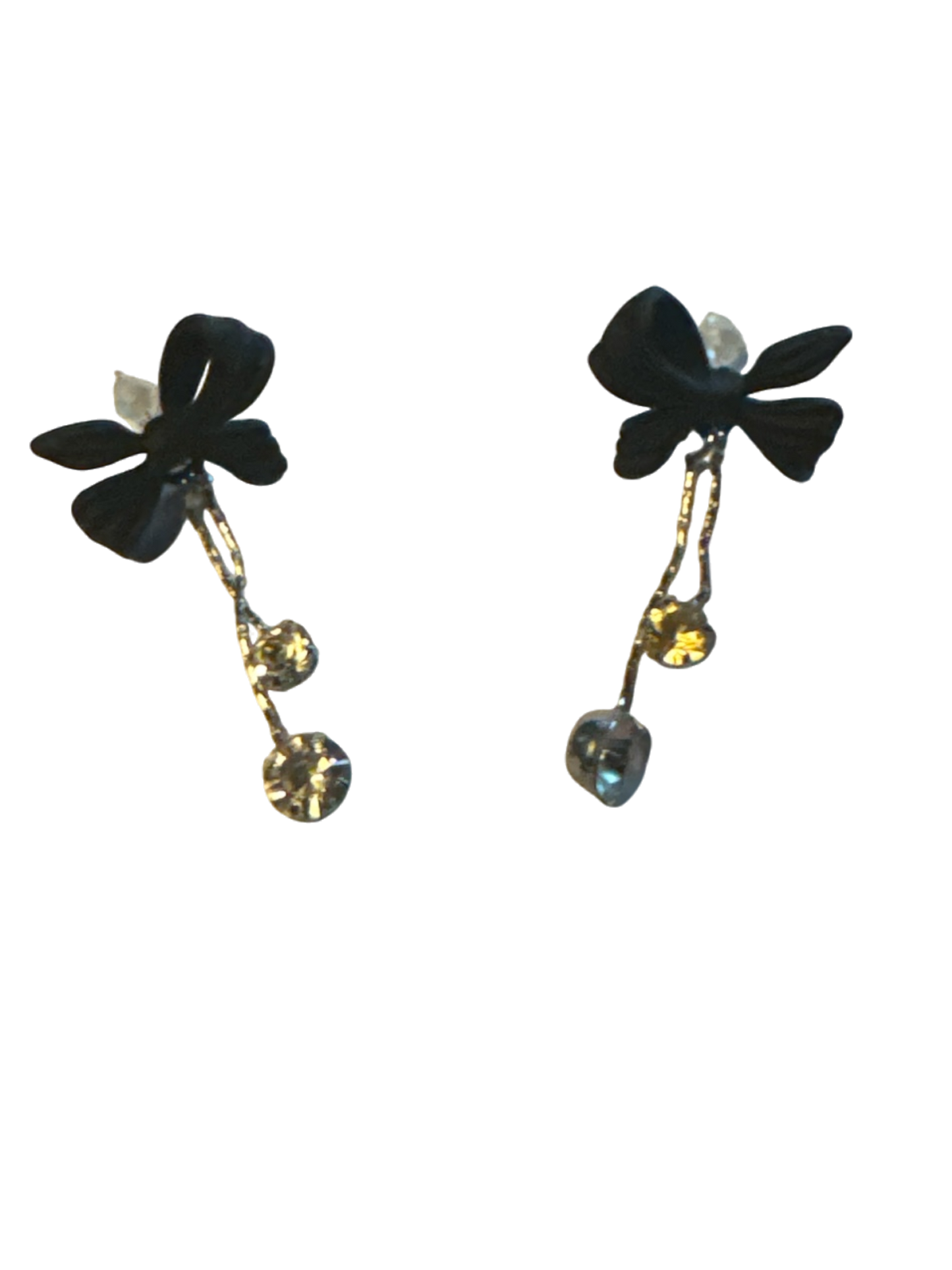 The Xchange black bow statement earrings with silver chain and crystal drop accents.