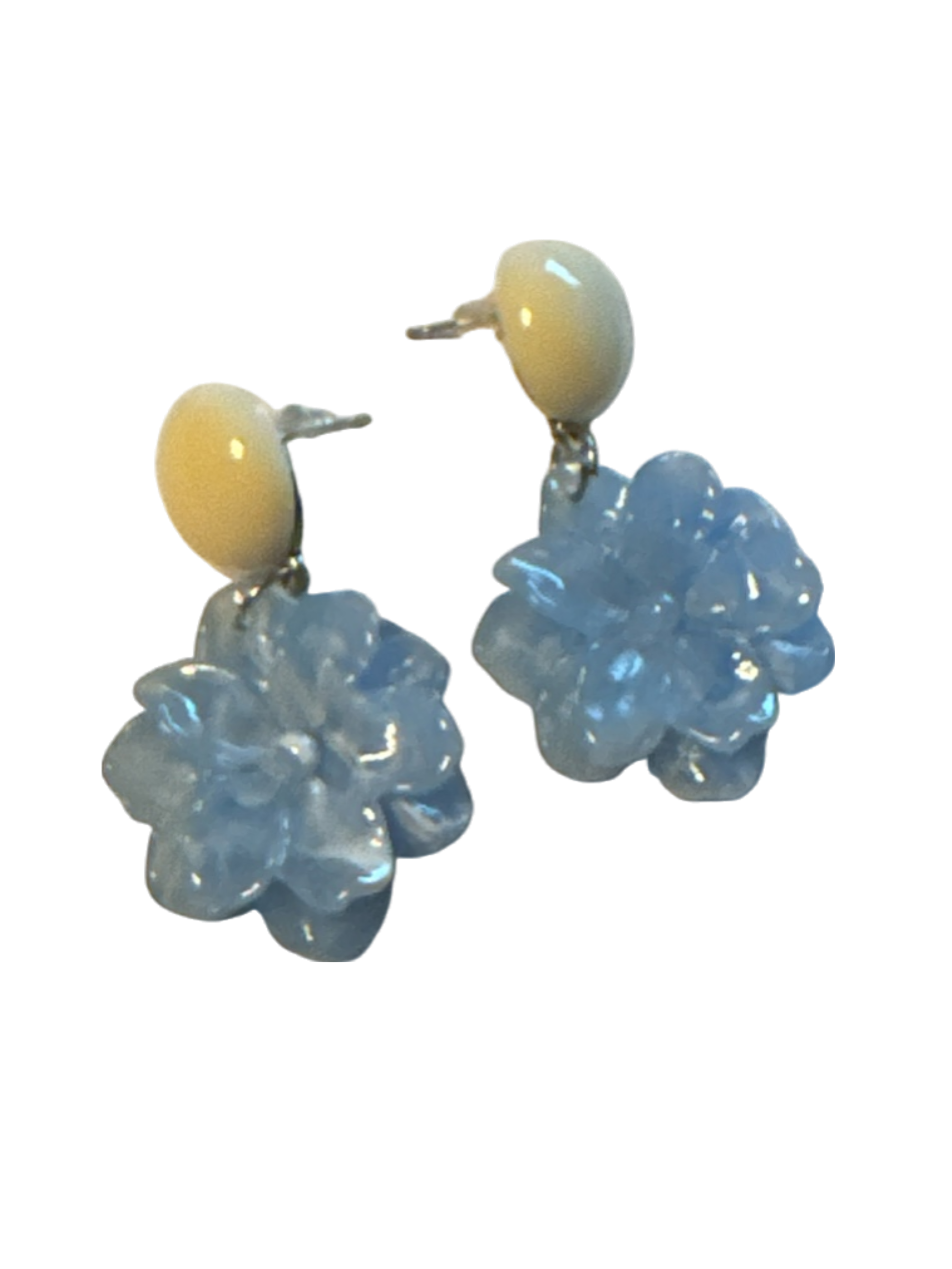 The Xchange blue and cream flower drop earrings with translucent petals and cream bead tops.