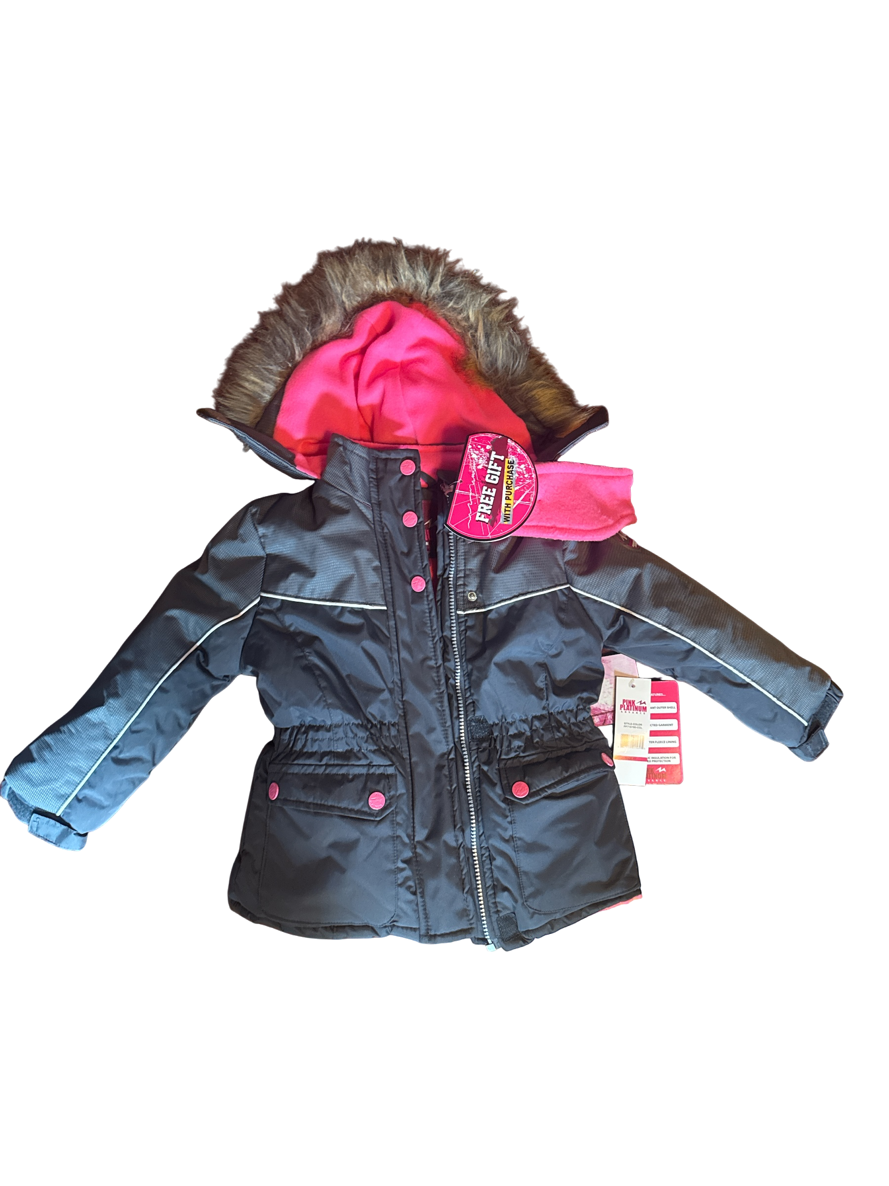 The Xchange Girls dark grey winter coat with pink lining, faux fur hood trim, and pink buttons. Size 4T.