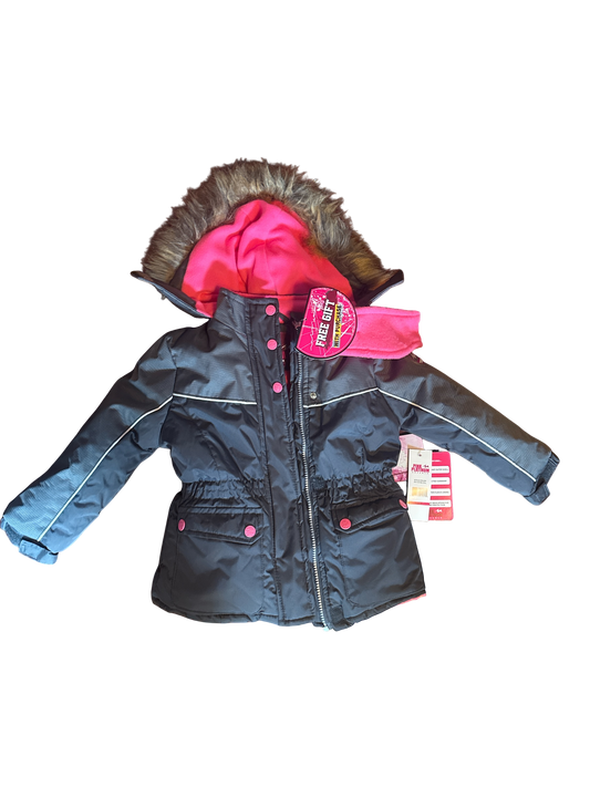 The Xchange Girls dark grey winter coat with pink lining, faux fur hood trim, and pink buttons. Size 4T.