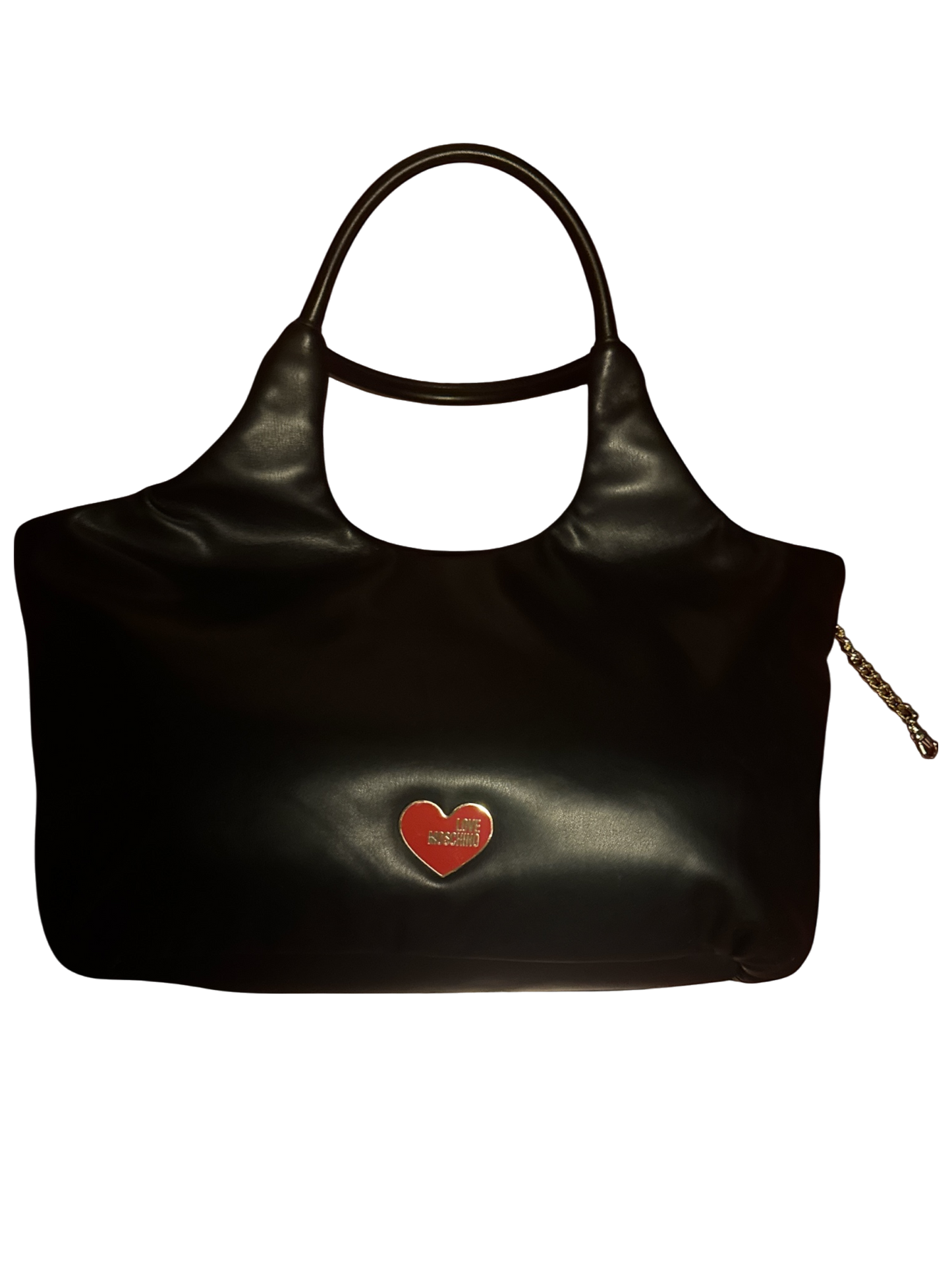 The Xchange: Large black designer handbag by Moschino with red heart logo and gold chain detail.