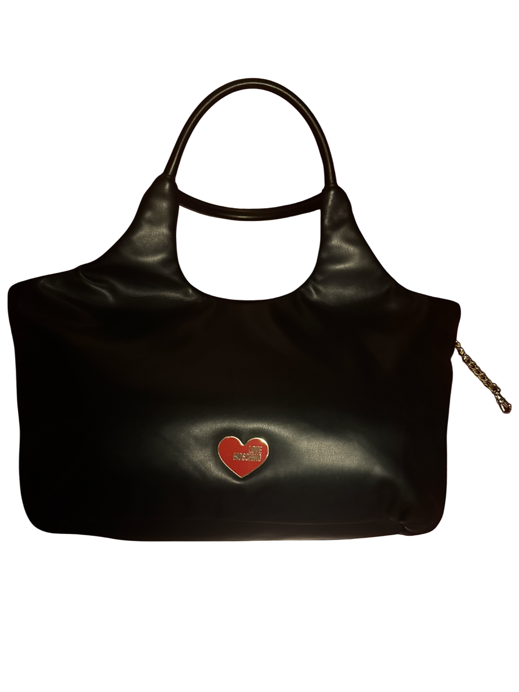 The Xchange: Large black designer handbag by Moschino with red heart logo and gold chain detail.