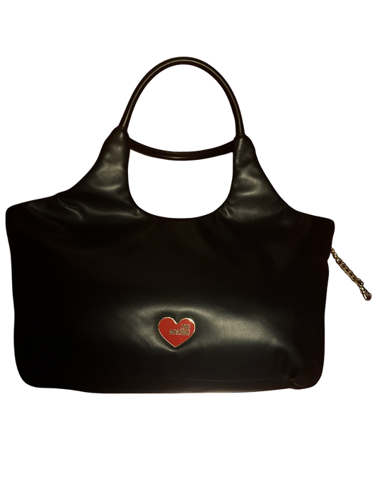 The Xchange: Large black designer handbag by Moschino with red heart logo and gold chain detail.